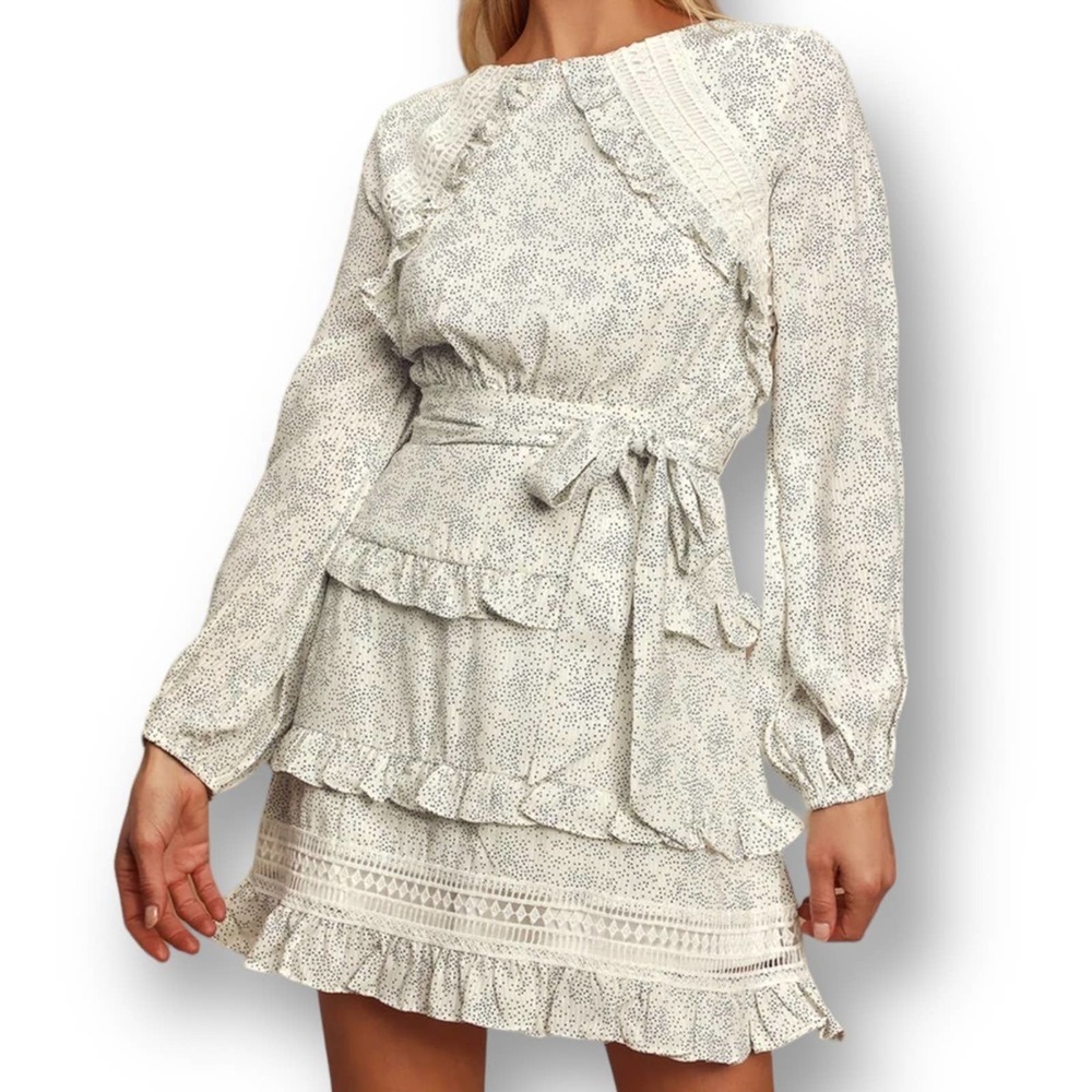 LULUS Women's White Polka Dot Kiss Me Goodnight Ruffled Long Sleeve Mini Dress